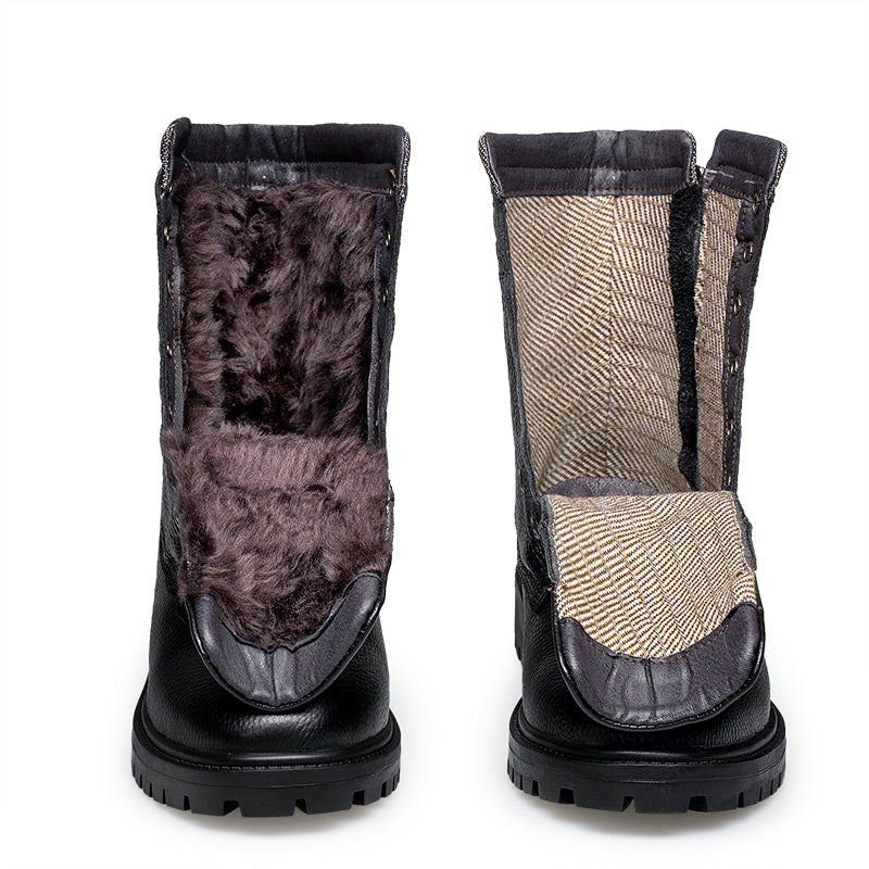 Herrenschuhe Damenschuhe Lederstiefel Outdoor Tooling Stiefel Hoher Schnür-Reißverschluss und Samt